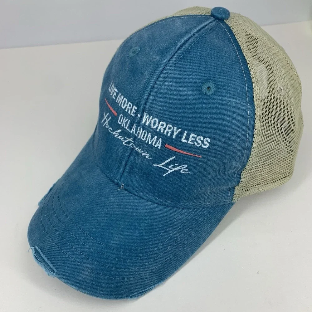 Hochatown Life Oklahoma Hat Blue Distressed Adjustable Snap Mesh Baseball Cap